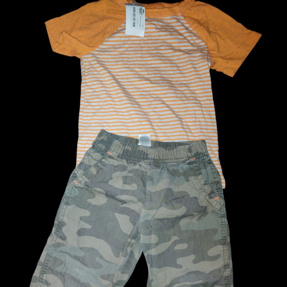 2T set Carter army camo pants and cat and Jack 2T orange striped t-shirt